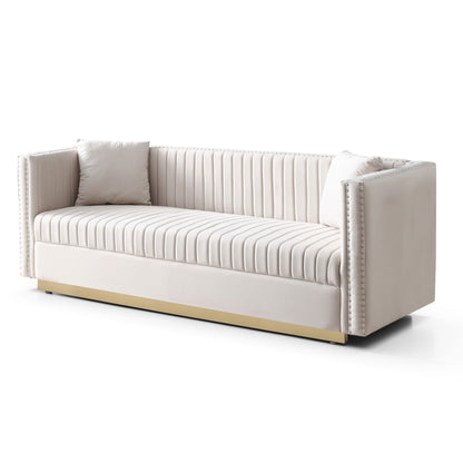 Contemporary Vertical Channel Tufted Sofa Modern Upholstered Couch For Living Room With 2 Pillows - Beige