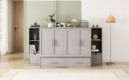 Full Size Murphy Bed With Shelves, Drawers And USB Ports - Gray