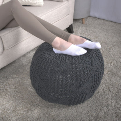Bordeaux - Knitted Cotton Round Pouf, Multi Purpose Home Accessory - Dark Gray