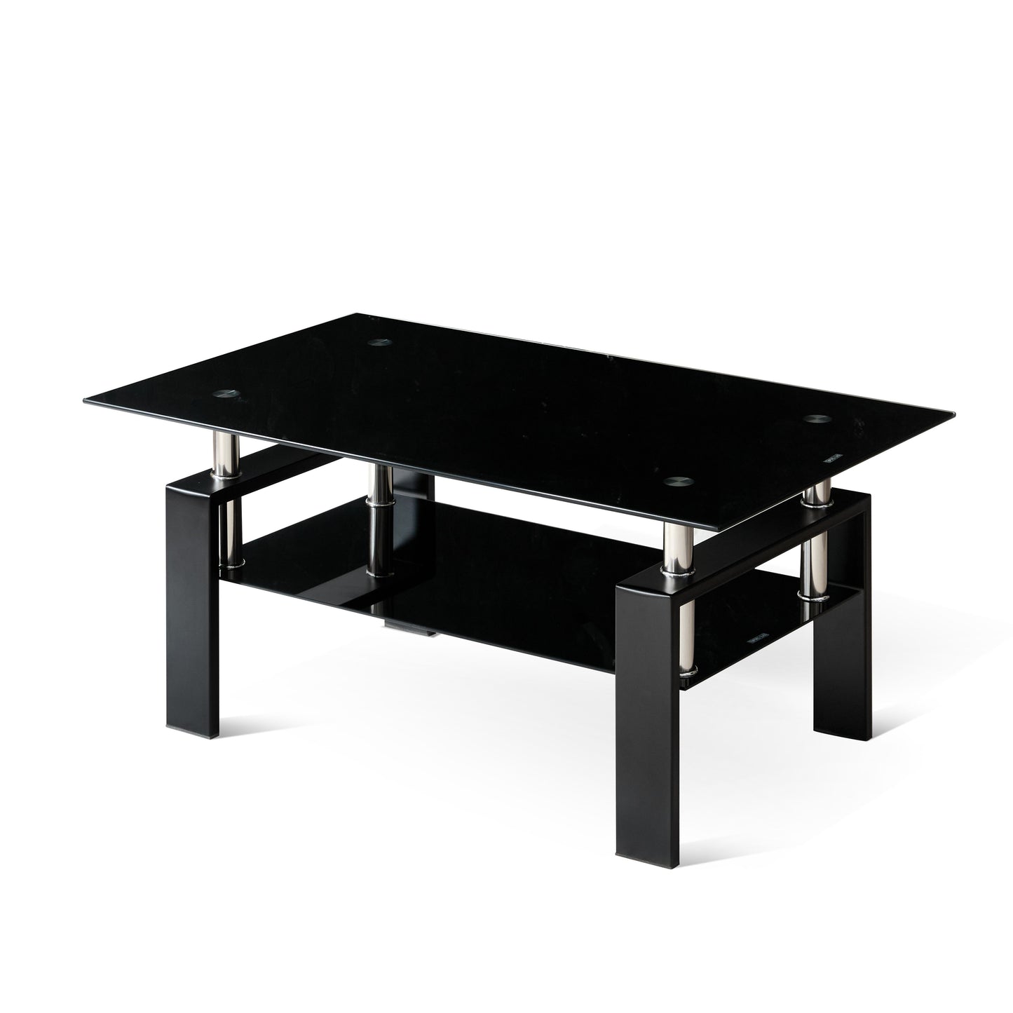 Tempered Black Glass Coffee Table, 2-Layers Tea Table - Black