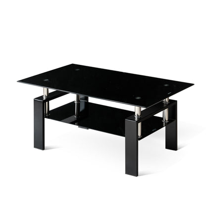 Tempered Black Glass Coffee Table, 2-Layers Tea Table - Black