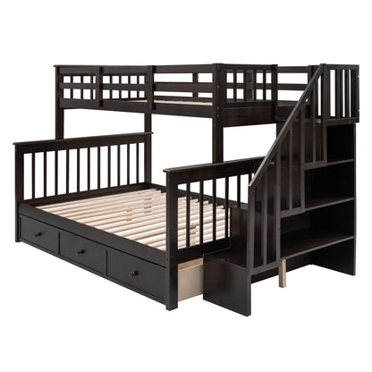 Twin Over Full Stairway Bunk Bed With Drawer, Storage And Guard Rail For Bedroom - Espresso