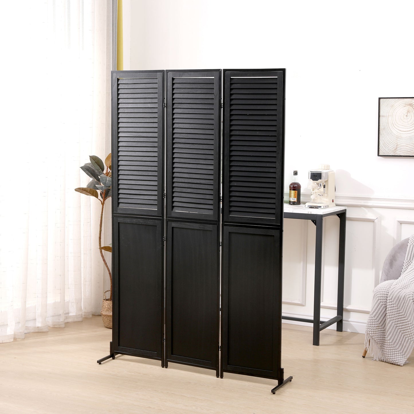Rustic 3 Panel Room Divider 6Ft Wood Folding Privacy Screen With Metal Frame And Louver Design - Black