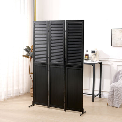 Rustic 3 Panel Room Divider 6Ft Wood Folding Privacy Screen With Metal Frame And Louver Design - Black