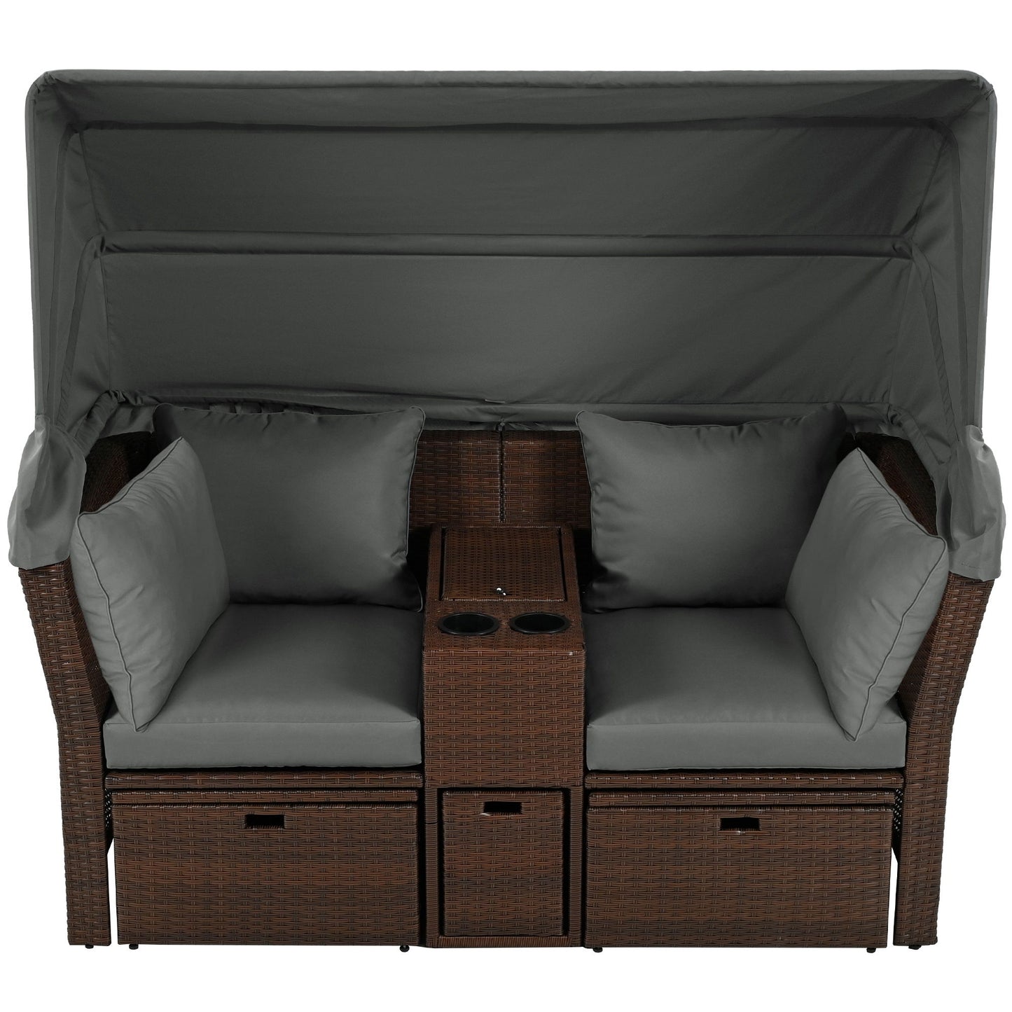 2 Seater Outdoor Patio Daybed Outdoor Double Daybed Outdoor Loveseat Sofa Set With Foldable Awning And Cushions For Garden, Balcony, Poolside - Gray