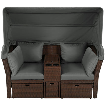 2 Seater Outdoor Patio Daybed Outdoor Double Daybed Outdoor Loveseat Sofa Set With Foldable Awning And Cushions For Garden, Balcony, Poolside - Gray