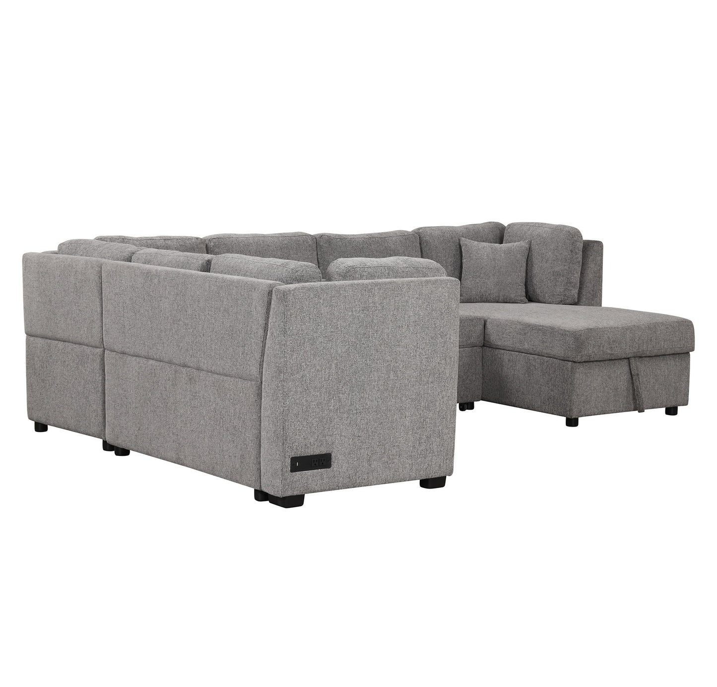 U-Shaped Sectional Sofa Pull Out Sofa Bed With Two USB Ports, Two Power Sockets, Three Back Pillows And A Storage Chaise For Living Room - Light Gray