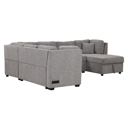 U-Shaped Sectional Sofa Pull Out Sofa Bed With Two USB Ports, Two Power Sockets, Three Back Pillows And A Storage Chaise For Living Room - Light Gray