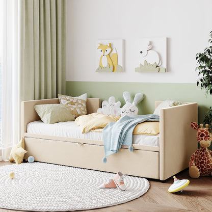 Twin Size Upholstered Daybed With Pop Up Trundle - Beige