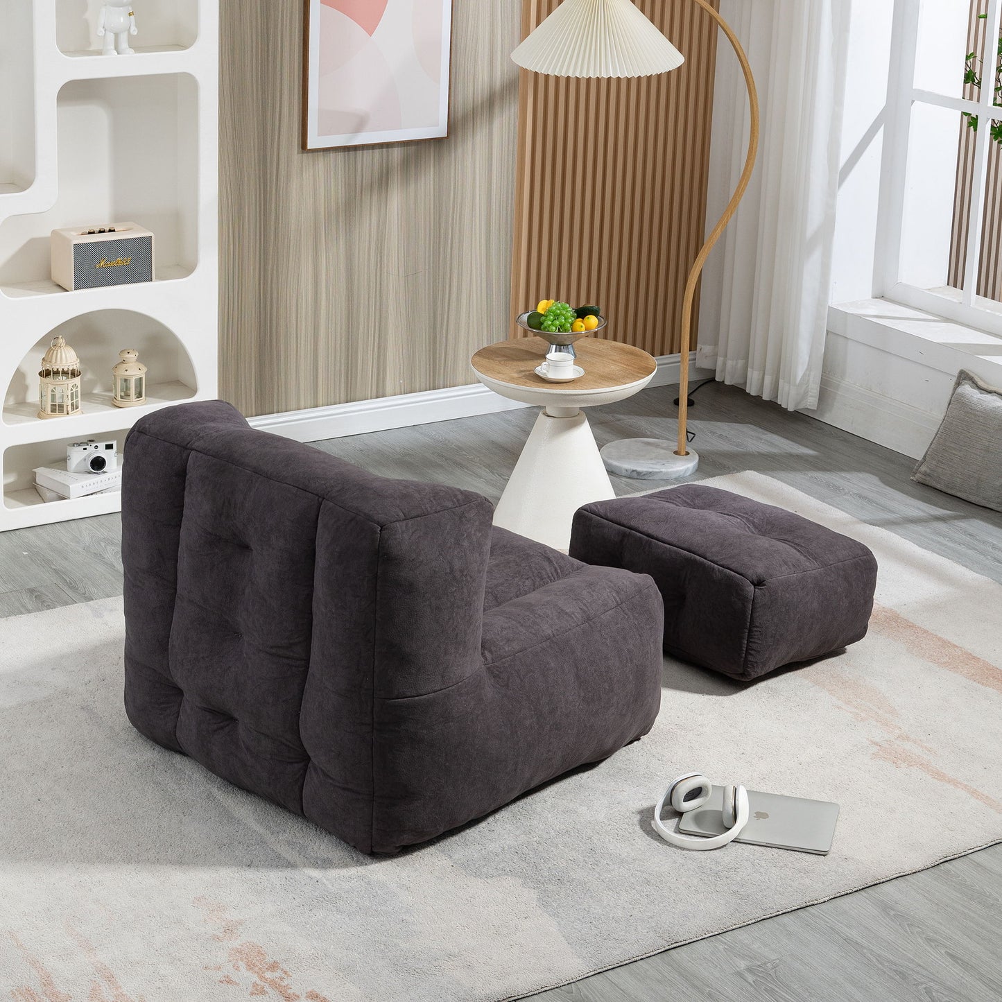 Fluffy Bean Bag Chair, Comfortable Bean Bag For Adults And Children, Super Soft Lazy Sofa Chair With Memory Foam And Ottoman, Indoor Modern Focus Bean Bag Chair For Living Room, Bedroom, Apartment - Black