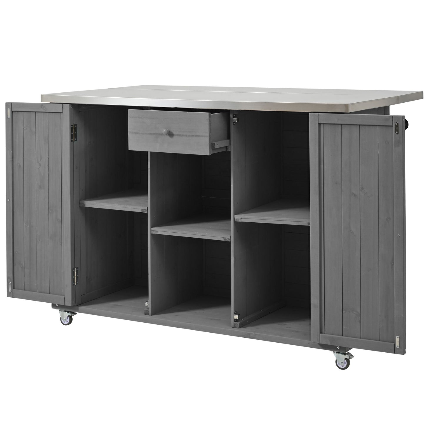 Outdoor Kitchen Island Fir Wood Kitchen Island With Stainless Steel Top, Ample Storage Space, Towel And Spice Racks And A Bottle Opener For Outdoor - Gray