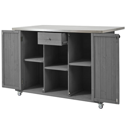 Outdoor Kitchen Island Fir Wood Kitchen Island With Stainless Steel Top, Ample Storage Space, Towel And Spice Racks And A Bottle Opener For Outdoor - Gray