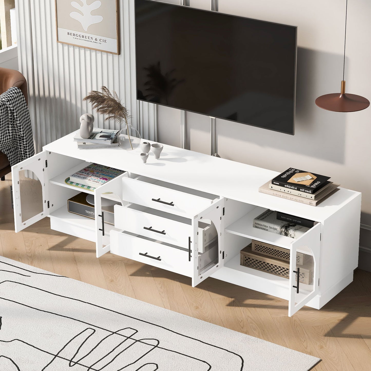 Modern Minimalist TV Stand For TVs Up To 75", Entertainment Center Media Console Cabinet With Adjustable Shelves For Living Room - White