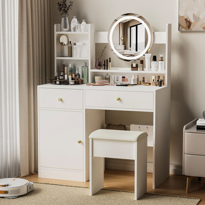 Fashion Vanity Desk With Mirror And Lights For Makeup And Cushioned Chair - White