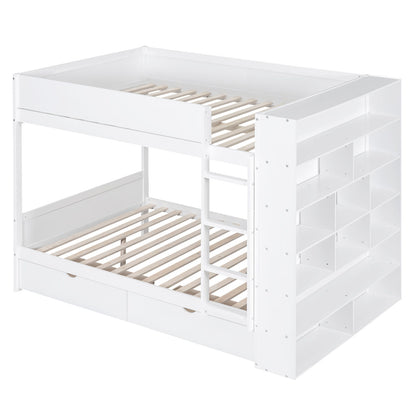 Full Over Full Bunk Bed With 2 Drawers And Multi-Layer Cabinet - White
