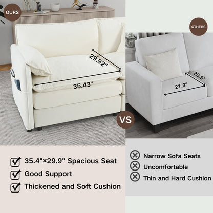 Deep Seat Sectional Cloud Sofa With 2 Ottomans & Soft Pillows, Modular Loveseat For Living Room - Beige Chenille 75.59X57.48X33.46 Inches