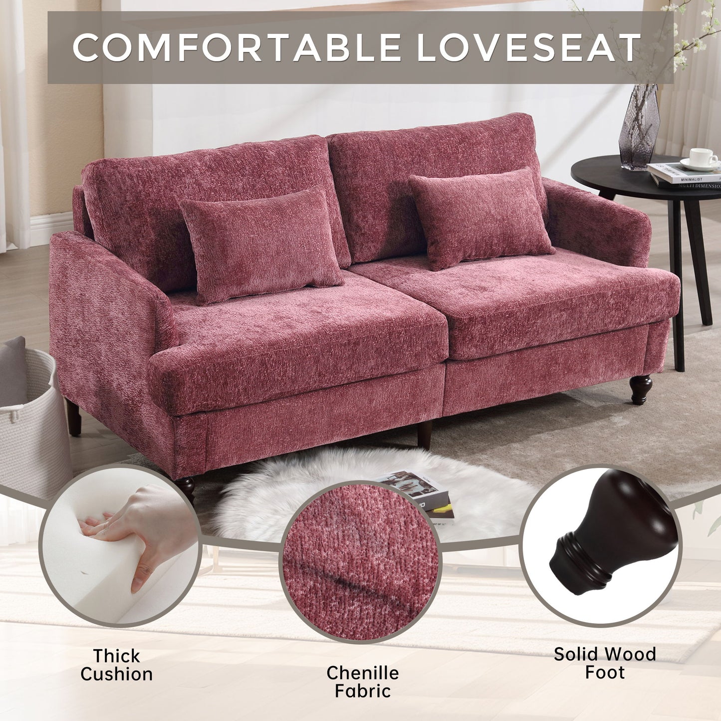 Mid Century Modern Chenille Fabric Loveseat Sofa, 2 Seat Upholstered Couch With Wood Feet - Wine Red