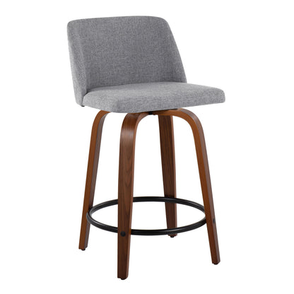 Toriano - Mid-Century Modern Fixed Height Counter Stool With Swivel With Round Footrest (Set of 2) - Walnut / Gray