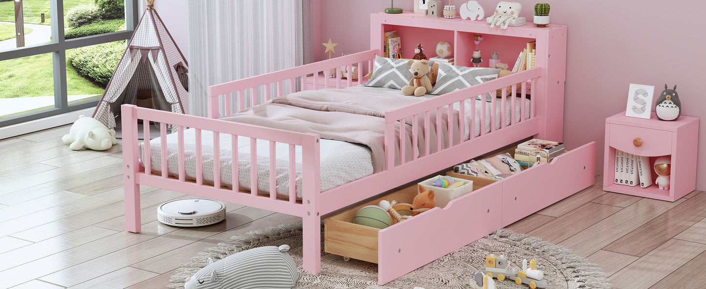 Twin Size Bed With Headboard Storage Rack, 2 Under Bed Drawers, 3 - Side Guardrails For Safety And Security - Pink