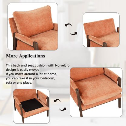 Mid-Century Modern Velvet Accent Chair, Leisure Chair With Solid Wood And Thick Seat Cushion For Living Room, Bedroom, Studio - Orange