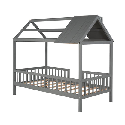 Twin Size House Bed With Fence - Gray