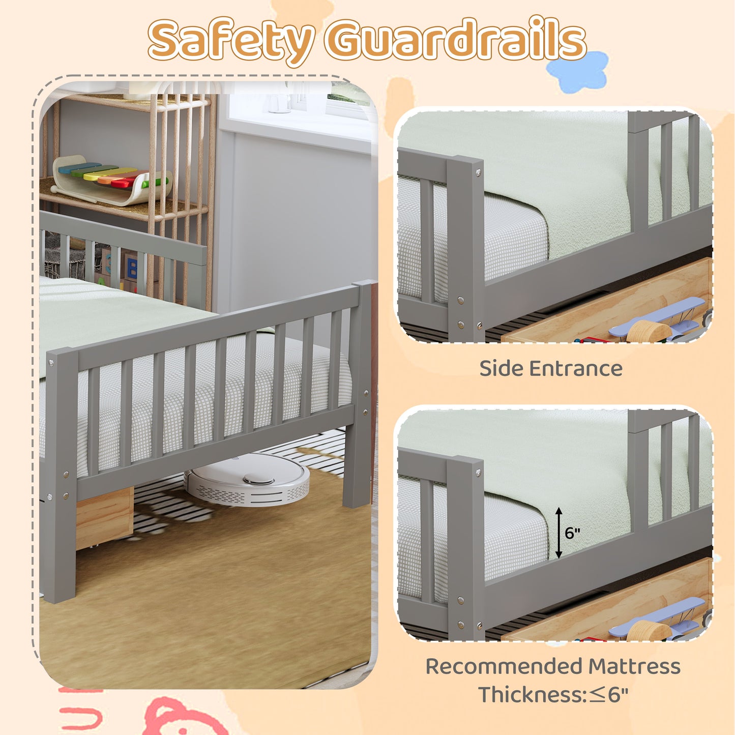Twin Size Bed With Headboard Storage Rack, 2 Under Bed Drawers, 3 - Side Guardrails For Safety And Security - Gray
