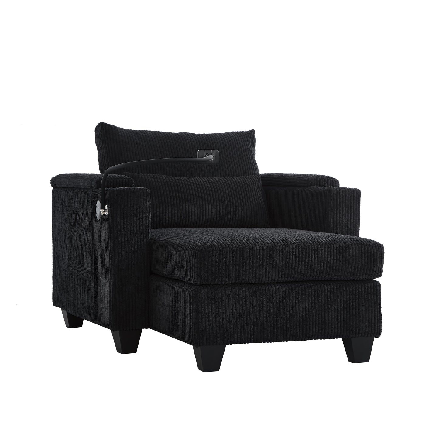 Convertible Chaise Lounge Sofa Chair Bed With USB Ports, Cup Holders & Storage - Black