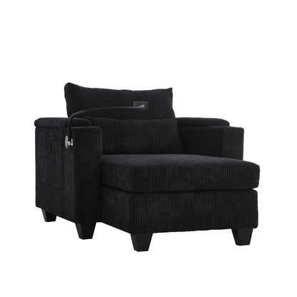 Convertible Chaise Lounge Sofa Chair Bed With USB Ports, Cup Holders & Storage - Black