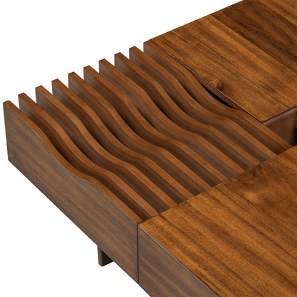 Mid Century Modern Coffee Table, Unique Square Wooden Coffee Table With 3 Drawers, Tempered Glass And Solid Wood Legs For Living Room - Brown