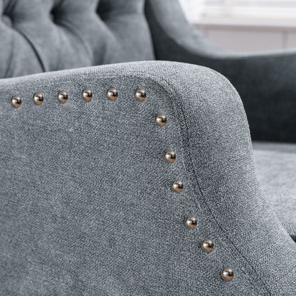 Accent Chair, Living Room Chair, Footrest Chair Set With Vintage Brass Studs, Button Tufted Upholstered Armchair For Living Room, Comfy Reading Chair For Bedroom, Reception Room - Gray