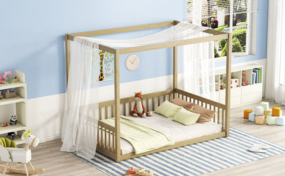 Full Size Canopy Frame Floor Bed With Fence, Guardrails - Natural