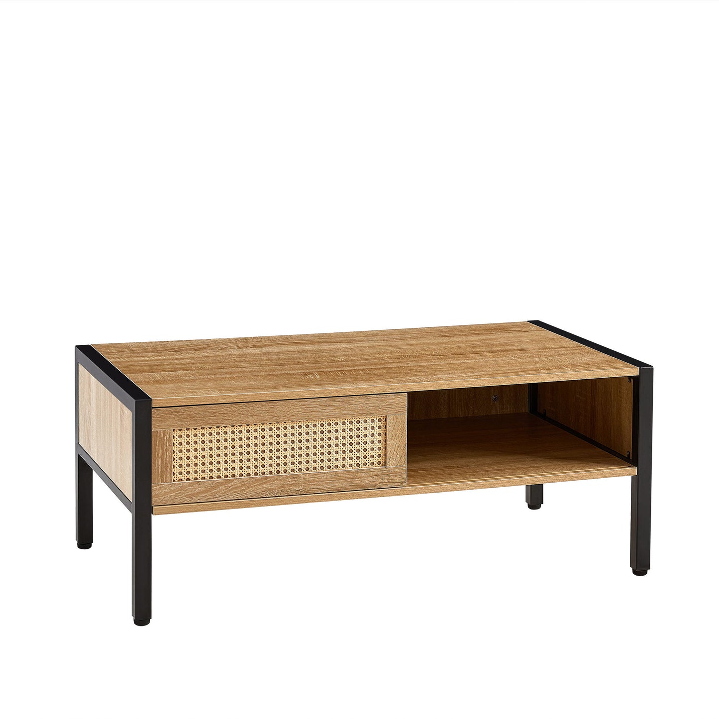 40.16" Rattan Coffee Table, Sliding Door For Storage, Metal Legs, Modern Table For Living Room - Natural