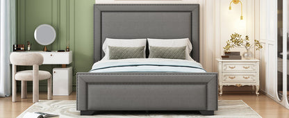 Queen Size Upholstered Bed With Slats Support, No Box Spring Needed - Gray