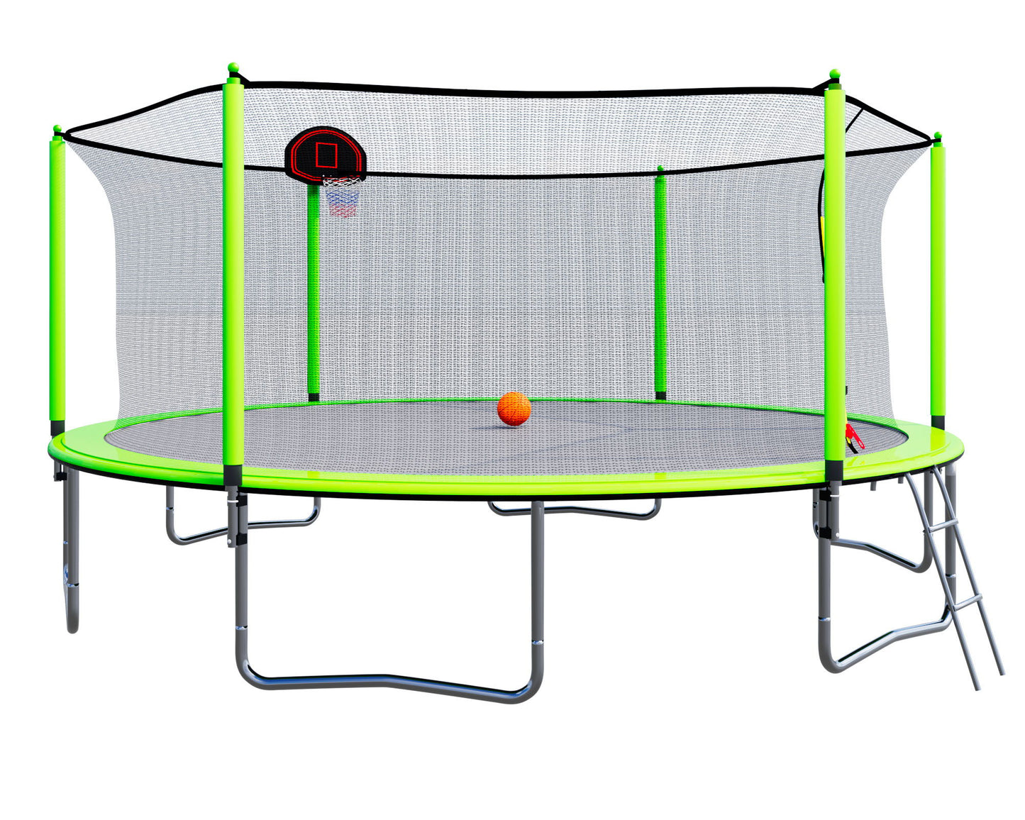 15Ft Trampoline With Basketball Hoop Inflator And Ladder (Inner Safety Enclosure) - Green
