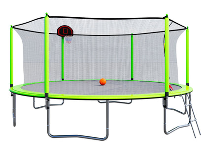 15Ft Trampoline With Basketball Hoop Inflator And Ladder (Inner Safety Enclosure) - Green