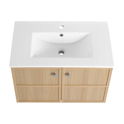 Modern Wall Mounted 30" Bathroom Vanity With Ceramic Sink And Soft Closing Doors - Oak