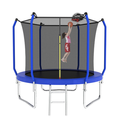 10' Trampoline With Basketball Hoop, Astm Approved Reinforced Type Outdoor Trampoline With Enclosure Net - Blue