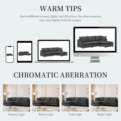 Sectional Sofa With Ottoman L Shaped Cloud Couch Set With Throw Pillows, Free Combination 4 Seat Modular Upholstered - Gray