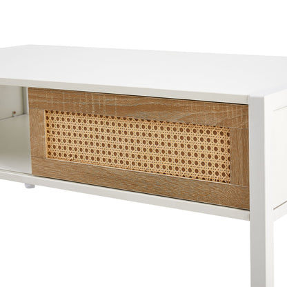 40.16" Rattan Coffee Table, Sliding Door For Storage, Metal Legs, Modern Table For Living Room - White