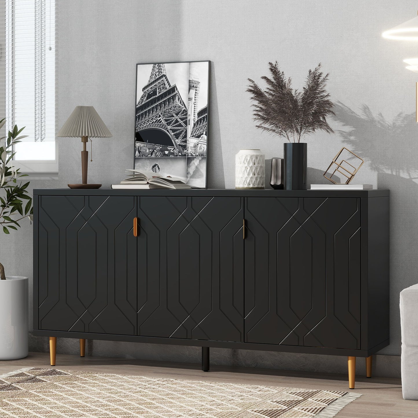 Modern TV Stand With 3 Doors And Adjustable Shelves For Living Room, Fits TVs Up To 70" - Black
