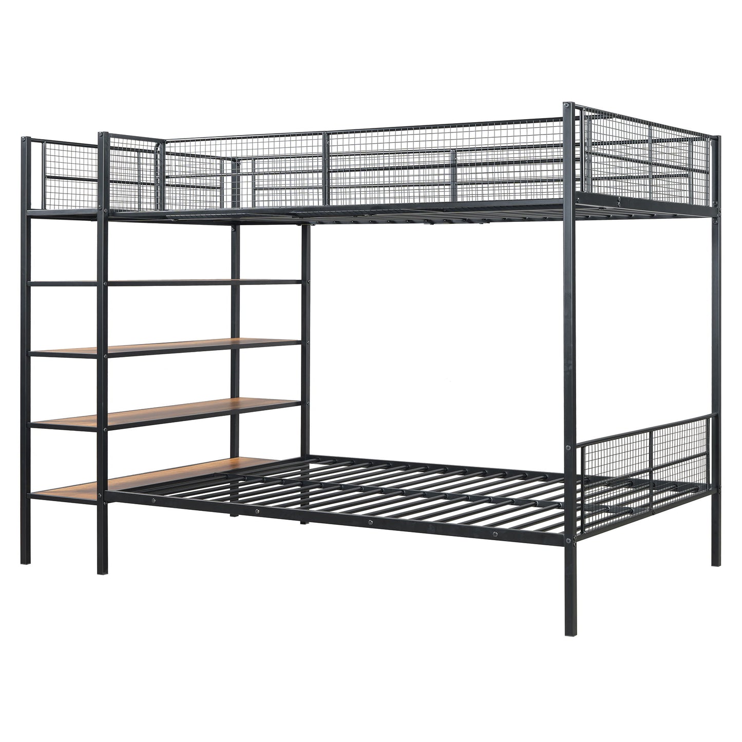 Twin Over Full Bunk Bed With 5 Tier Shelves - Black