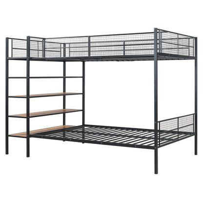Twin Over Full Bunk Bed With 5 Tier Shelves - Black