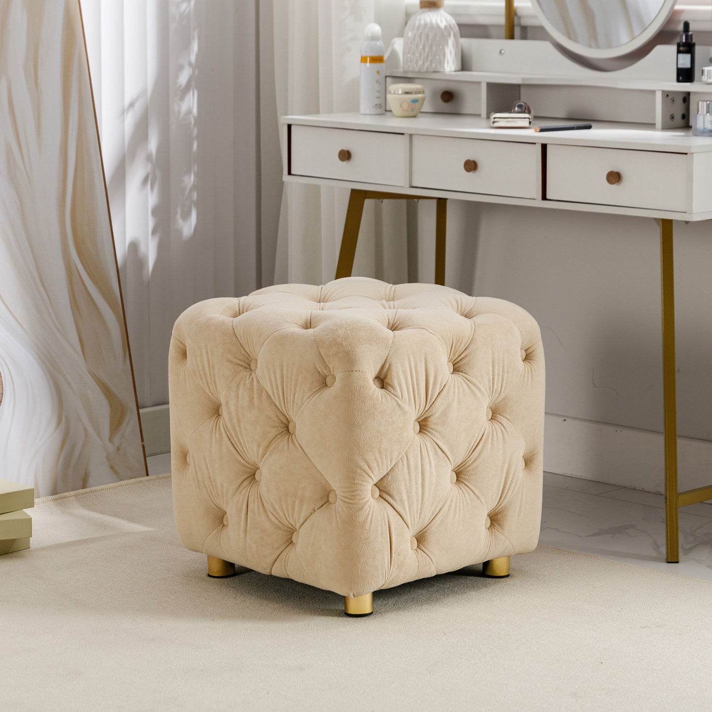 Modern Velvet Upholstered Ottoman, Exquisite Small End Table, Soft Foot Stool, Dressing Makeup Chair, Comfortable Seat For Living Room, Bedroom, Entrance - Beige