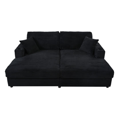 Oversized Loveseat Chaise Lounge Sectional Sofa Bed Corduroy Sleeper Sofa With 2 USB Ports, 2 Cup Holders And 2 Throw Pillows For Living Room And Bedroom - Black