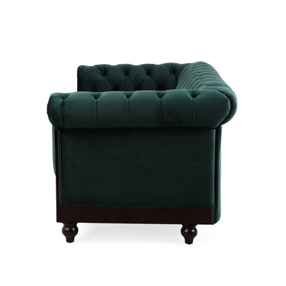 Chesterfield Velvet Loveseat Sofa 2 Person Rolled Arm Upholstered Couch - Forest Green