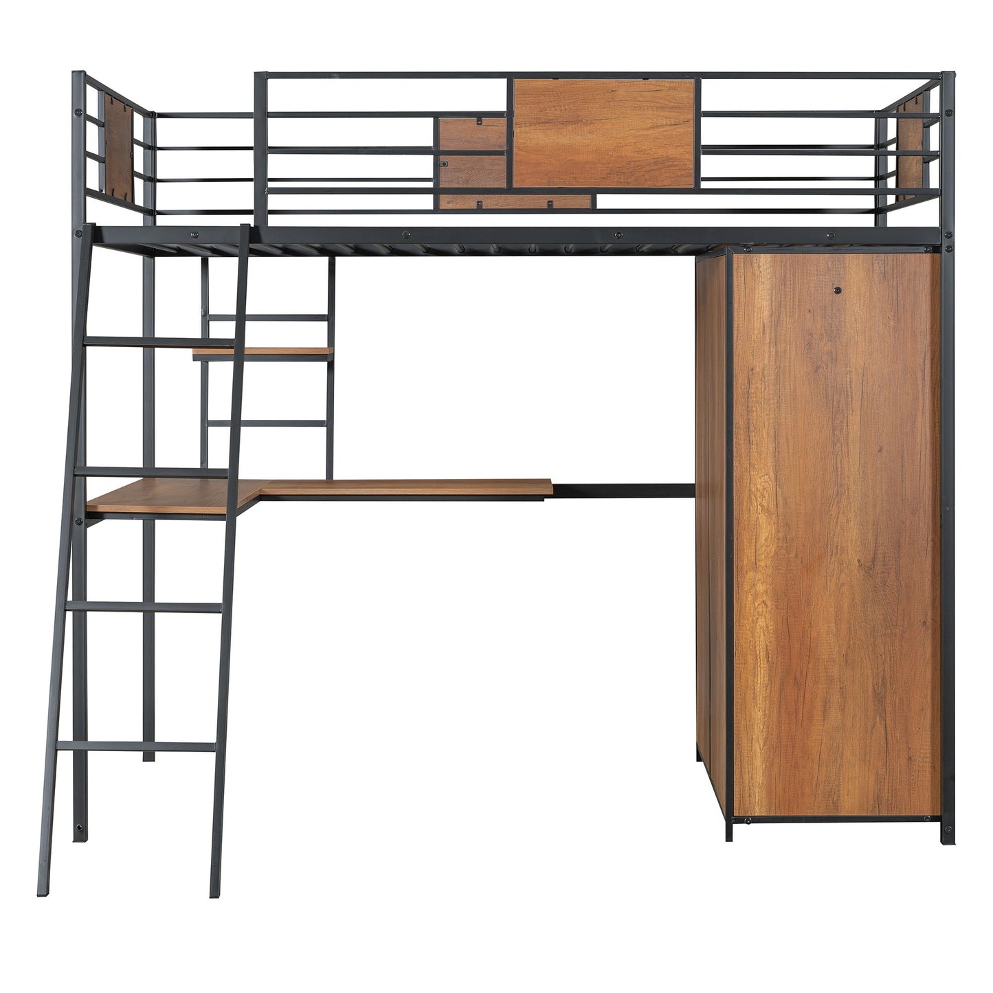 Twin Size Loft Bed With L Shape Desk And Wardrobe - Black