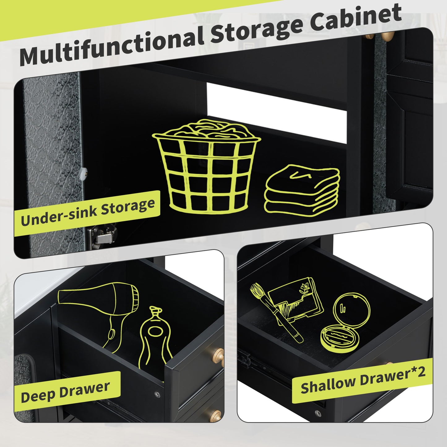 Bathroom Vanity With Two Soft Close Doors, Adjustable Shelves And Three Drawers - Black
