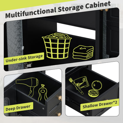 Bathroom Vanity With Two Soft Close Doors, Adjustable Shelves And Three Drawers - Black
