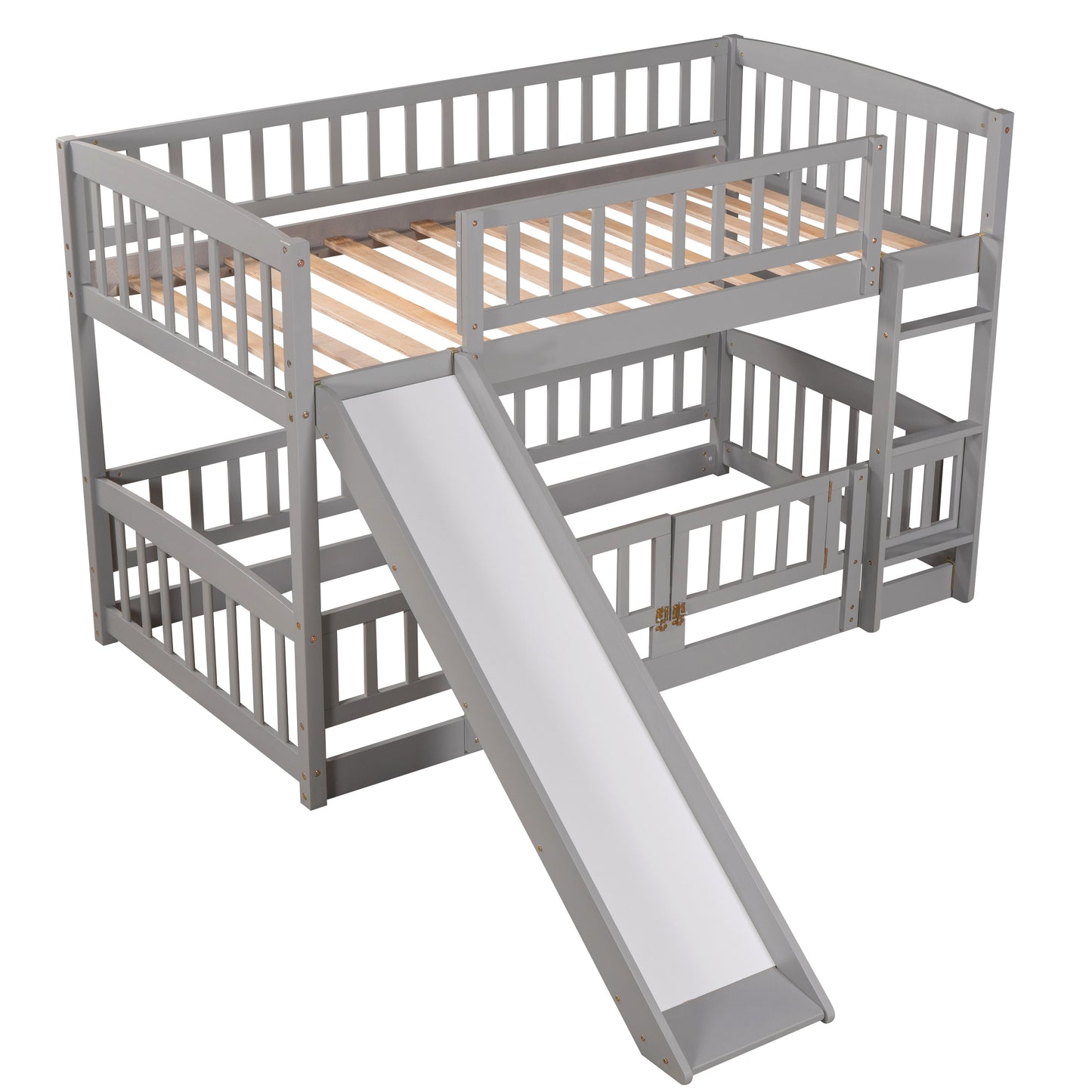 Twin Over Twin Low Bunk Bed With Slide, Fence And Ladder - Gray