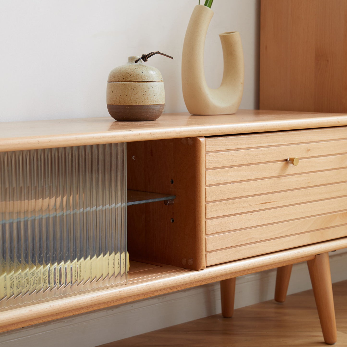 TV Cabinet With Chinese Changhong Glass Doors, Two Drawer Storage Space TV Standing - Natural